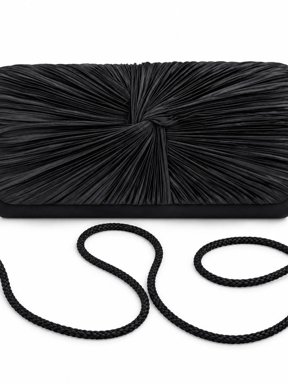Black Pleated Knot Evening Clutch with Braided Strap